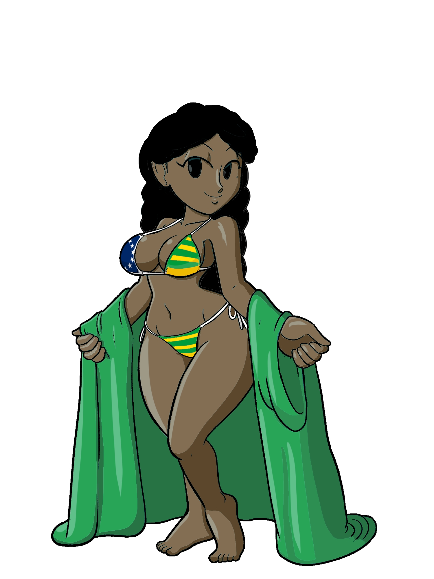 :), 1girls, bikini, black hair, brazilian flag, breasts, brown skin, curly hair, dark skin, dark-skinned female, edit, edited, female, female only, flag bikini, latina, showing off, smile, solo, swimwear, tan, tan skin, tansau, third-party edit, underwear, wide hips