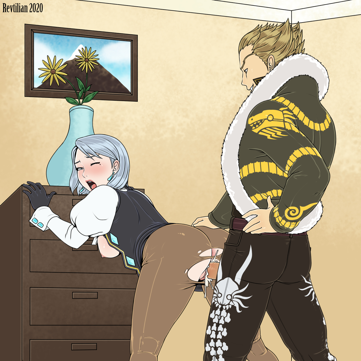 1boy, 1girls, ass, blush, breasts, breasts out, breasts out of clothes, bubble ass, bubble butt, capcom, clothed, clothed sex, cum, cum in pussy, cum inside, doggy style, dominant male, domination, female, from behind, from behind position, gyakuten saiban, karuma mei, male, office, office lady, office sex, one eye closed, open jacket, open mouth, open shirt, pussy, revtilian, sex, shi-long lang, skirt, skirt lift, torn clothes, torn clothing, torn legwear, torn pantyhose, vaginal penetration