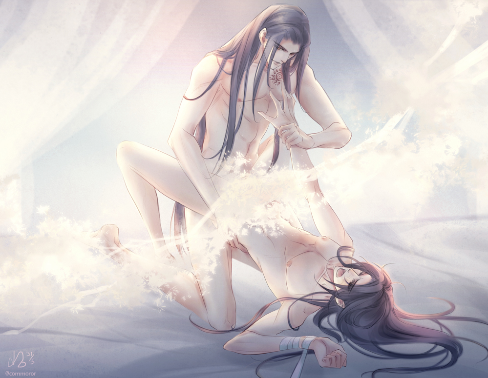 anal bare_chest bishonen bondage bound_wrists canon_couple commoror elevated_hips gay gay_domination gentle_maledom lan_wangji male_only maledom malesub mo_dao_zu_shi nude_male pleasure_face romantic_couple wei_wuxian willing_sub yaoi