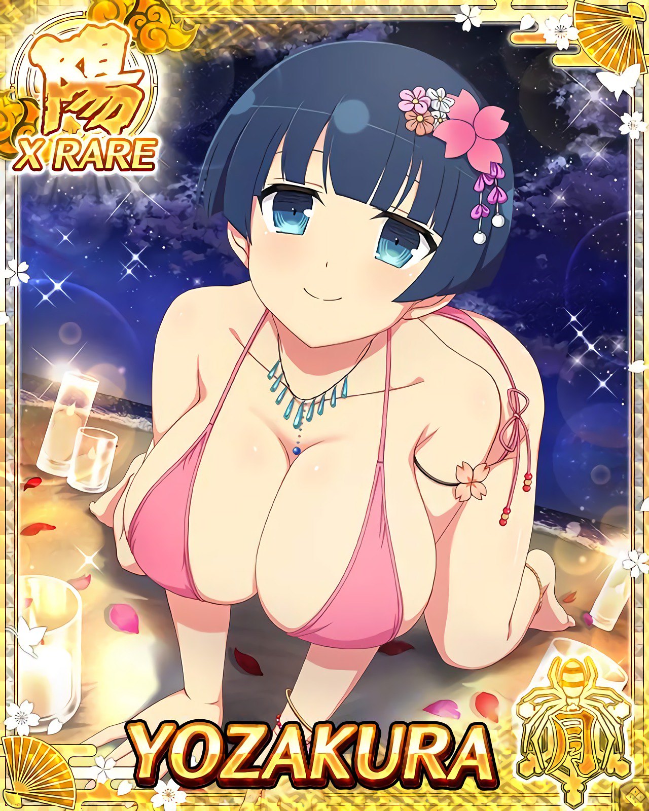 1girls, all fours, beach, bikini, black hair, blue eyes, blush, breasts, candle, card (medium), character name, collarbone, female, hanging breasts, huge breasts, jewelry, large breasts, necklace, ocean, official art, outside, pink bikini, presenting breasts, senran kagura, short hair, smile, solo, stars, swimsuit, yaegashi nan, yozakura (senran kagura)