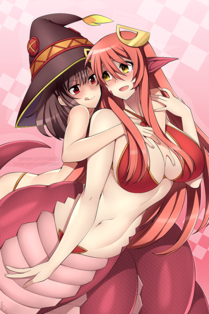 2girls, breasts, crossover, female, female only, huge breasts, kono subarashii sekai ni shukufuku wo!, lamia, lindaroze, megumin, miia (monster musume), monster girl, monster musume no iru nichijou, naga, smaller female, witch, witch hat, yuri