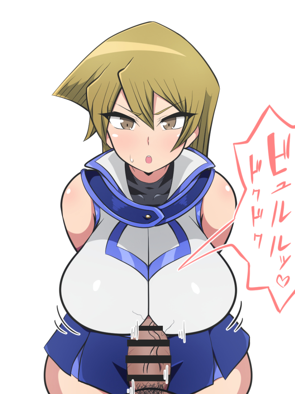 1boy, 1girls, alexis rhodes, big breasts, big penis, breasts, censored, clothing, dark skin, dark-skinned male, dd (artist), female, grey eyes, hairy, huge breasts, large breasts, light skin, light-skinned female, long hair, male, miniskirt, outercourse, paizuri, pale skin, pale-skinned female, penis, pubic hair, skirt, veiny penis, white background, wide hips, yu-gi-oh!, yu-gi-oh! gx