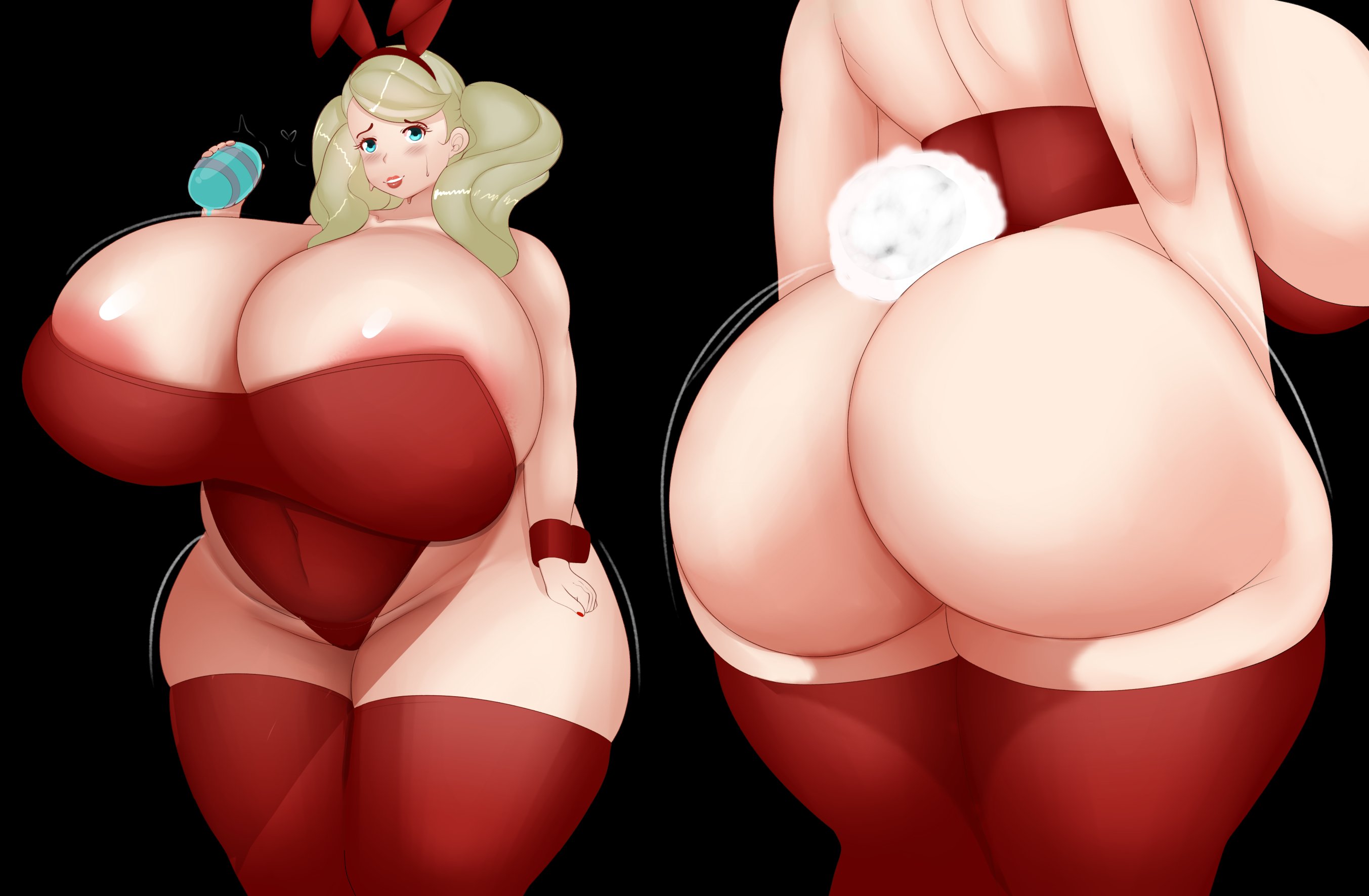 1girls, alternate ass size, alternate body type, alternate breast size, ann takamaki, ass, big ass, breasts, bunny ears, bunny girl, bunnysuit, cleavage, enormous ass, female, female only, fladdykin, gigantic ass, huge ass, hyper, hyper breasts, large ass, looking at viewer, persona, persona 5, red legwear, solo, solo female, thick thighs, top heavy, wide hips