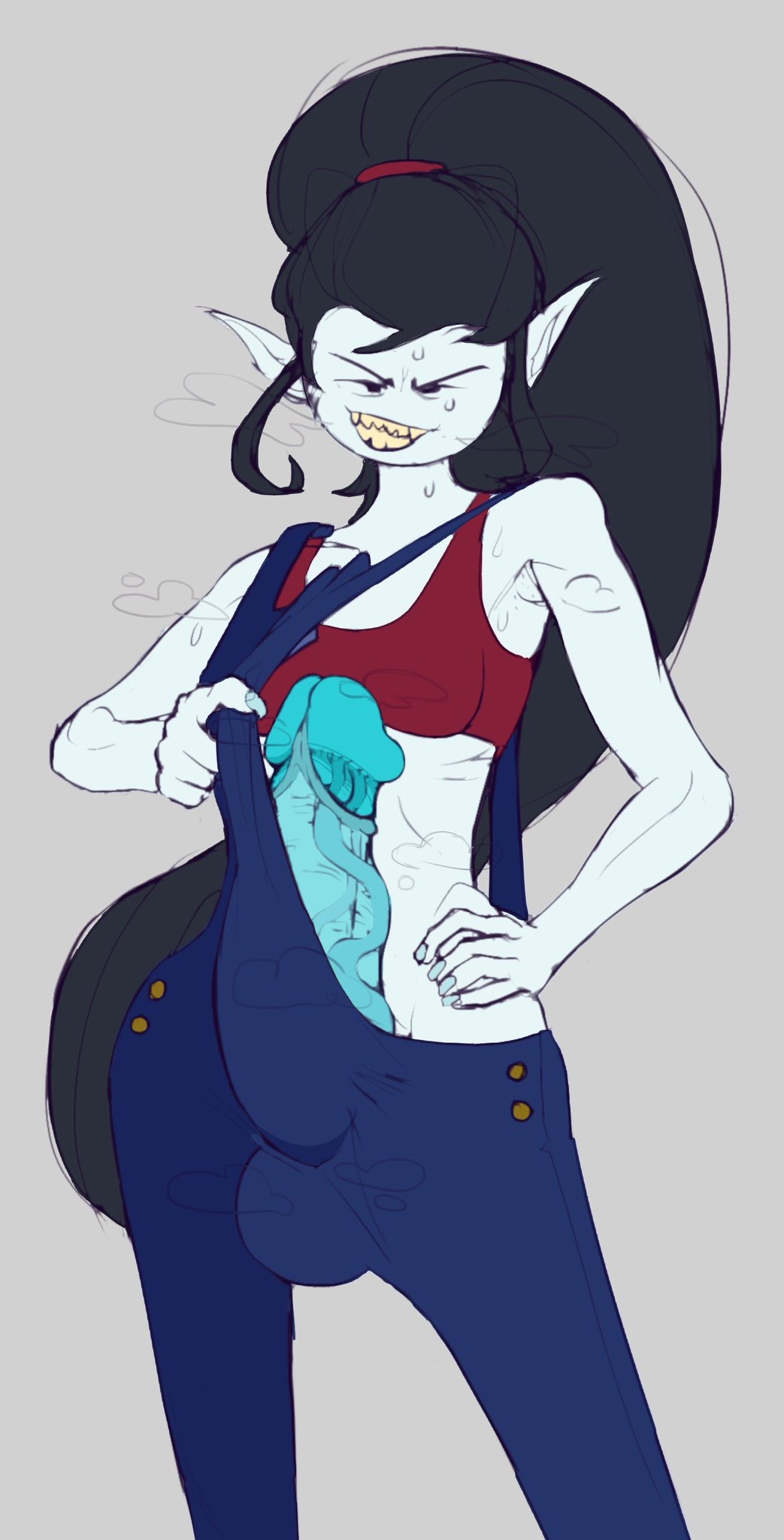 1futa, adventure time, balls, balls bulge, big penis, black hair, blue penis, boobs, breasts, breath, bulge, cartoon network, clothed, clothing, erection under clothes, evil grin, futa focus, futa only, futa vampire, futanari, gnausea, grey background, grey skin, grin, huge cock, intersex, marceline, overalls, penis, pointed ears, ponytail, presenting, red bra, simple background, smug, solo, solo futa, sweat, teasing, testicles, vampire, veins, veiny penis, white skin