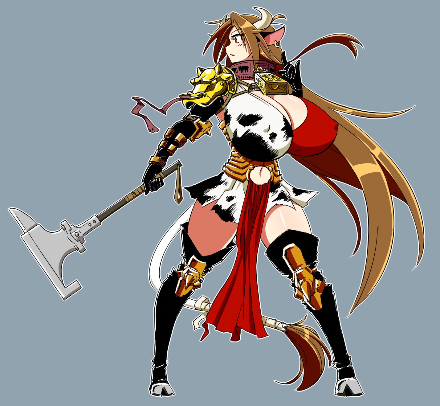 armor, big breasts, breasts, brown hair, busty, cleavage, cow ears, cow girl, cow horns, cow print, cow tail, cowbell, curvy, dungeons and dragons, female, horns, huge breasts, long hair, matsu-sensei, mattie (matsu-sensei), miniskirt, original, tail, thick thighs, thighhighs, weapon