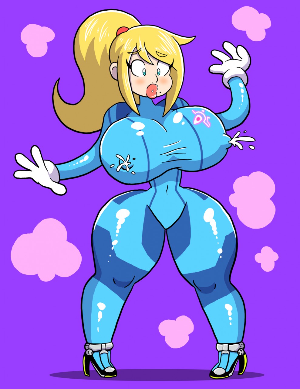 bimbo bimbofication breast_expansion breast_milk female gloves hourglass hourglass_figure lactation metroid milk nintendo prinnydood samus_aran skin_tight smoke surprised thick_lips thick_thighs thin_waist toon_tf toonification toony transformation zero_suit zero_suit_samus