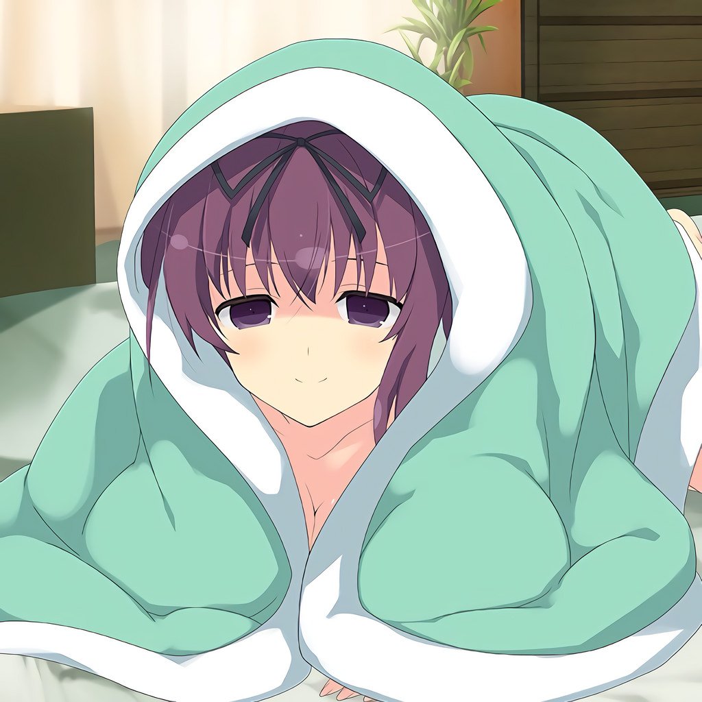 big breasts, blanket, breasts, cleavage, female, fingers, hair ribbon, huge breasts, long hair, murasaki (senran kagura), pov, pov eye contact, purple eyes, purple hair, senran kagura, smile, wholesome, yaegashi nan