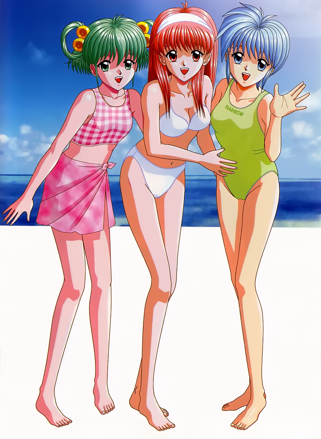 3girls barefoot bikini blue_eyes blue_hair cleavage fingernails fujisaki_shiori green_eyes green_hair green_one-piece_swimsuit green_swimsuit hair_bobbles hairband hips legs navel nijino_saki one-piece_swimsuit pink_bikini pink_sarong plaid plaid_bikini_top red_eyes red_hair sarong smile swimsuit tatebayashi_miharu tokimeki_memorial tokimeki_memorial_1 white_bikini white_hairband