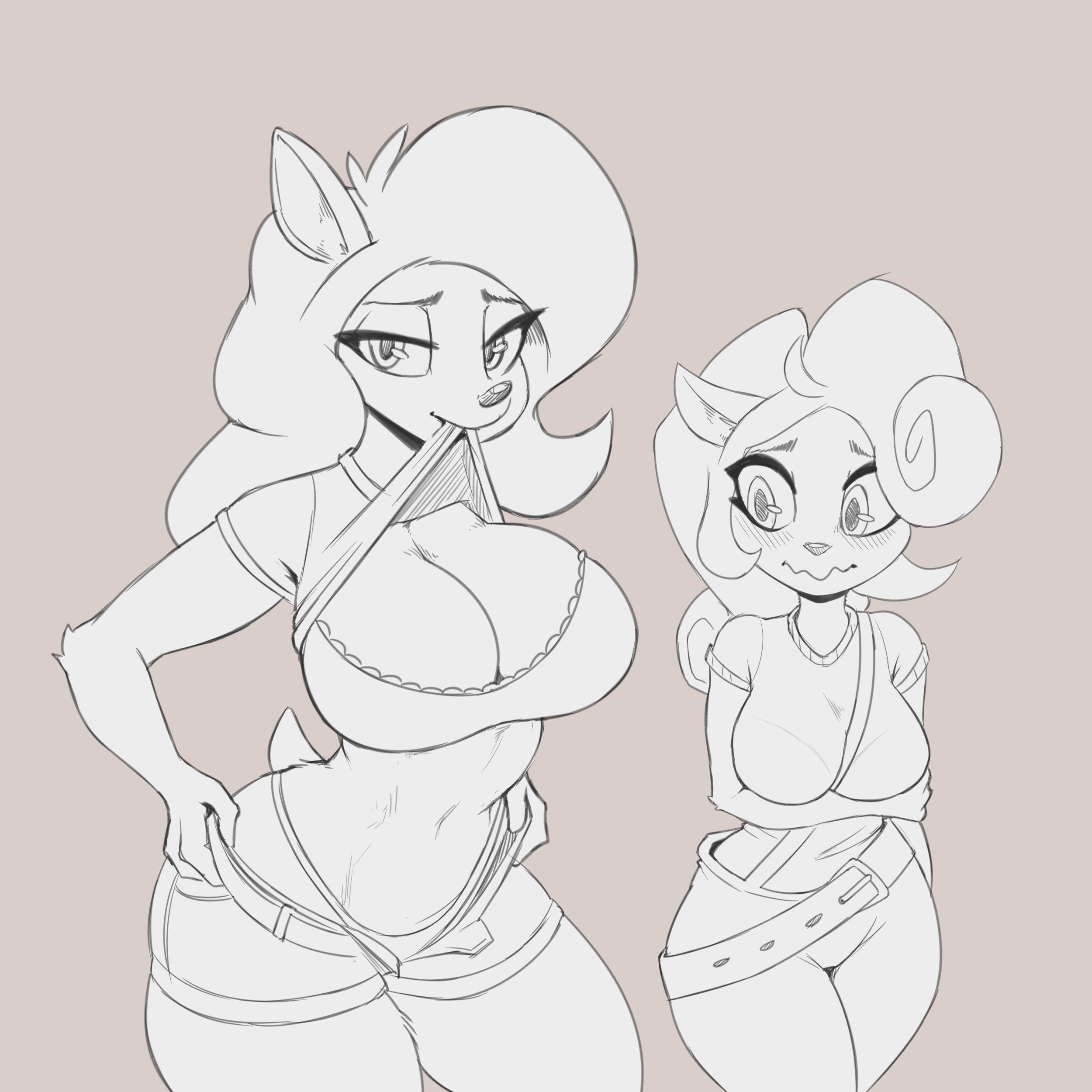 2girls, activision, anthro, blush, bra, breasts, cleavage, clothed, clothing, coco bandicoot, cooliehigh, crash (series), female, fur, furry, large breasts, navel, overalls, panties, tail, tawna bandicoot, thick thighs, thighs, wide hips, yuri