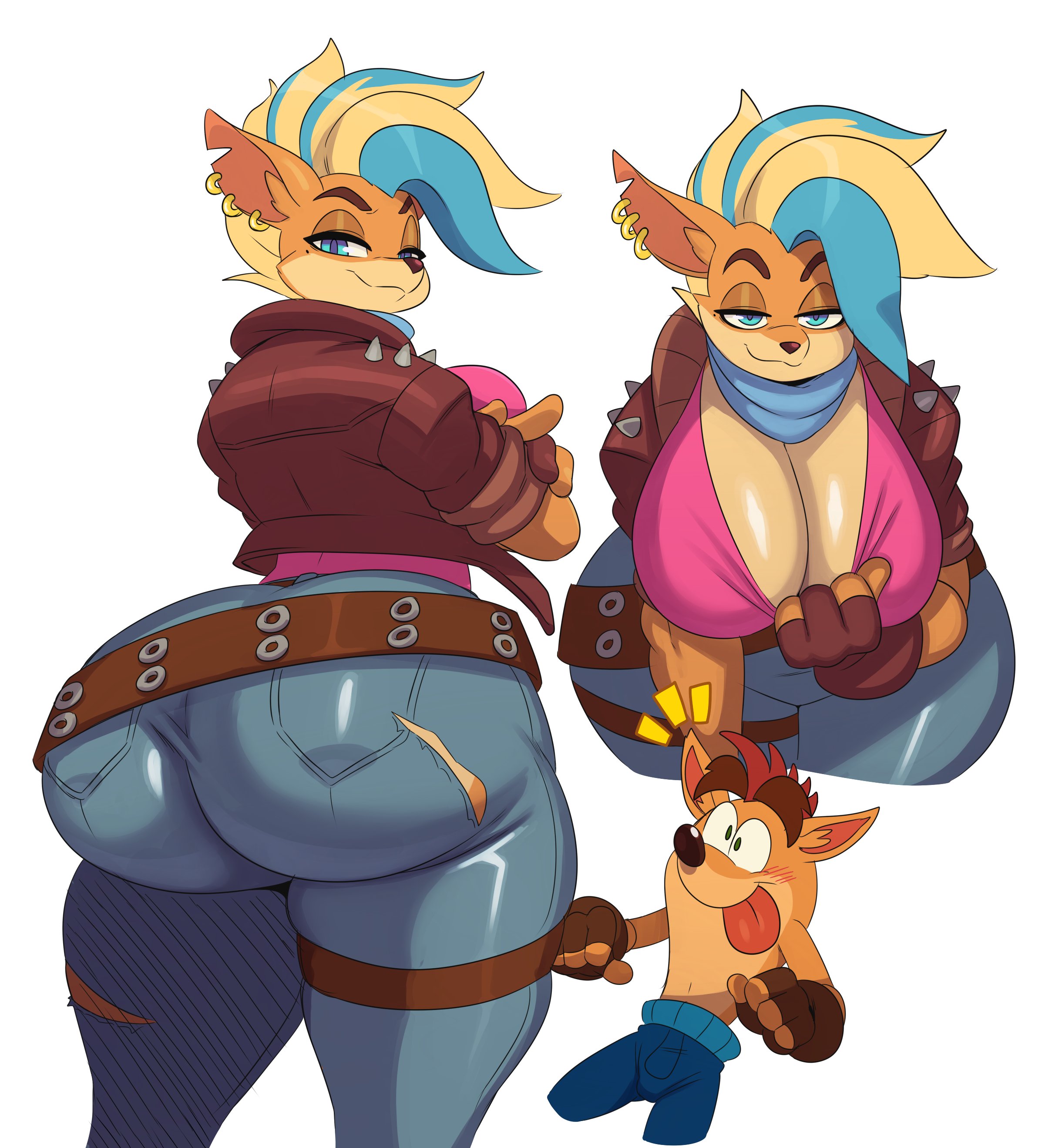 2020, absurd res, activision, anthro, ass, bandicoot, belt, big ass, big breasts, big butt, blush, bottomwear, breasts, clothing, crash (series), crash bandicoot, crash bandicoot 4: it's about time, duo, ear piercing, female, footwear, handwear, hi res, huge ass, huge breasts, huge butt, jeans, male, mammal, marsupial, pants, piercing, pirate tawna, sssonic2, tawna bandicoot, tawna bandicoot (crash 4), tight jeans, tight pants, tongue, tongue out, topless, torn bottomwear, torn clothing, video games