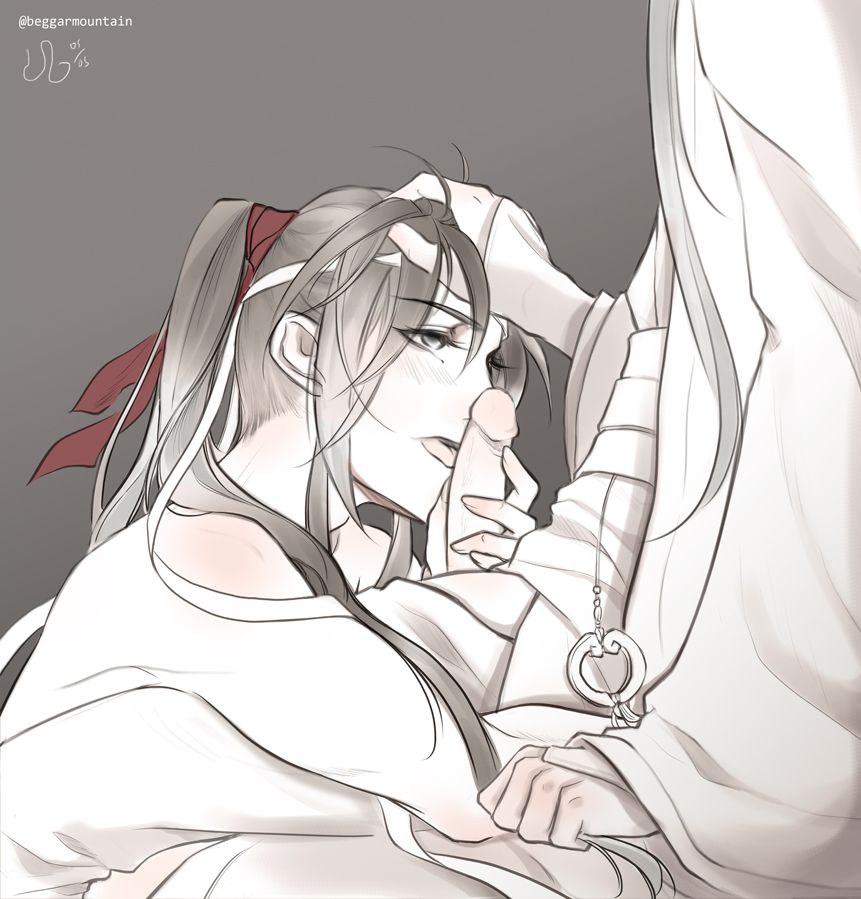 bishonen blowjob canon_couple commoror gay hand_on_head lan_wangji licking_penis limited_palette long_hair long_hair_male looking_at_partner male_only mo_dao_zu_shi penis wei_wuxian yaoi