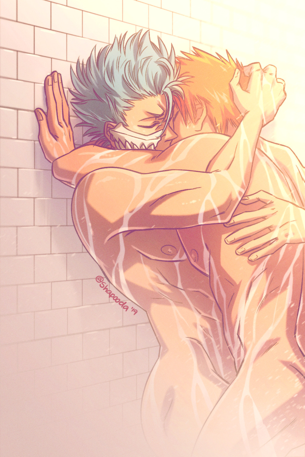 2boys bleach gay grimmjow_jaegerjaquez ichigo_kurosaki kissing making_out male male/male male_only romantic romantic_couple shapooda shower showering uncensored yaoi