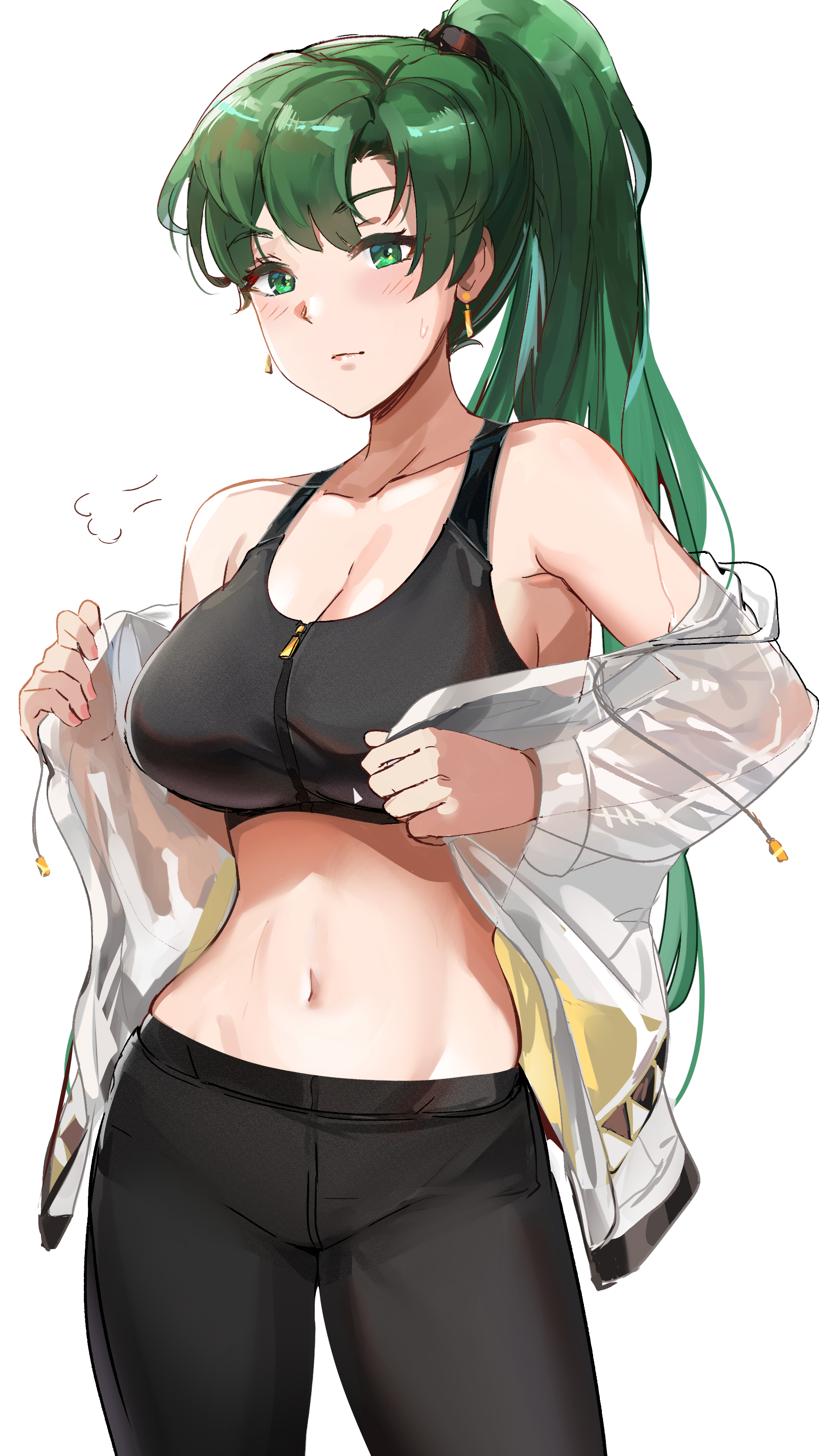 1girls, absurdres, bangs, bare shoulders, black pants, black sports bra, blush, breasts, cleavage, collarbone, earrings, female, fire emblem, fire emblem: the blazing blade, green eyes, green hair, high ponytail, highres, jacket, jewelry, large breasts, long hair, long sleeves, looking at viewer, lyn (fire emblem), lyndis (fire emblem), navel, nintendo, off shoulder, open clothes, open jacket, ormille, pants, ponytail, simple background, smile, sports bra, thighs, white background, white jacket