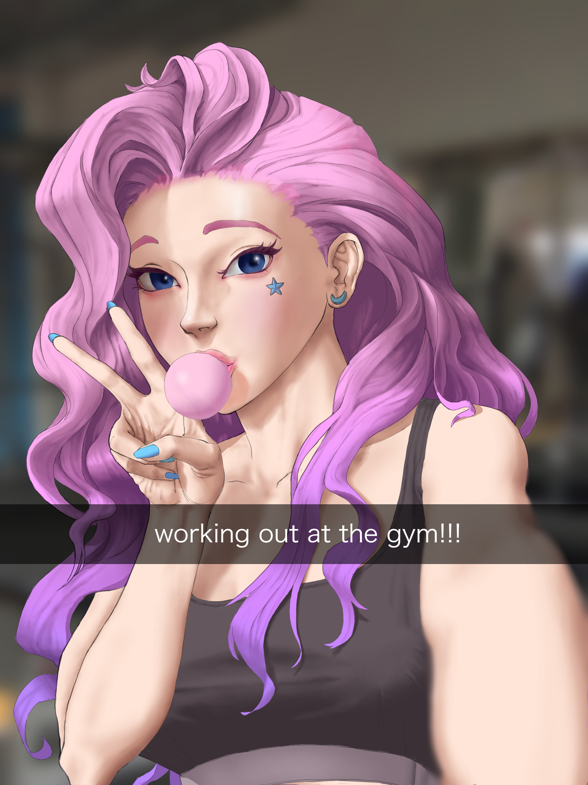 blue eyes, blue nails, facial tattoo, female, league of legends, lips, lipstick, nail polish, pink hair, selfie, seraphine (league of legends), snapchat, sports bra, wjs07