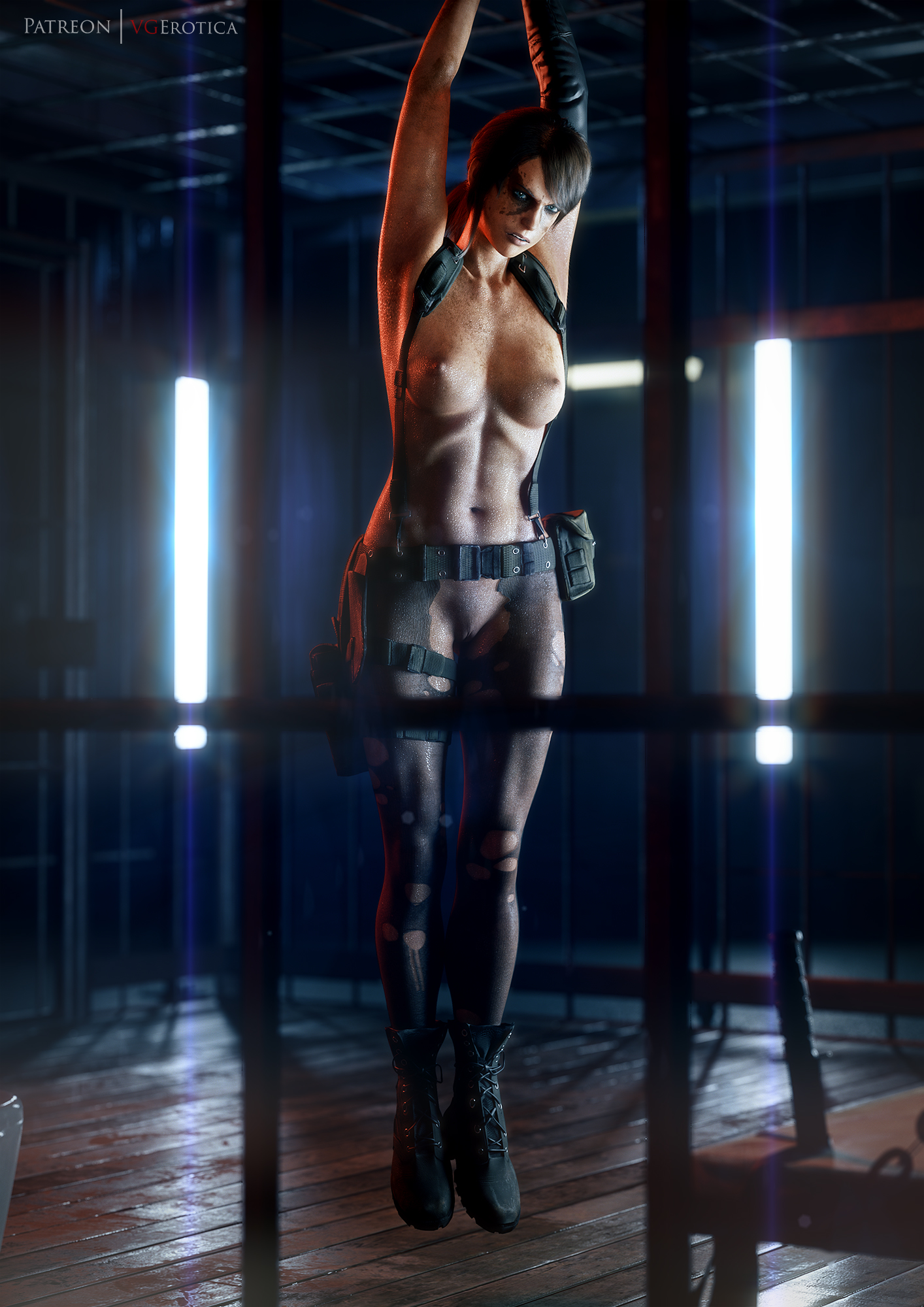 1girls, 3d, abs, areolae, autodesk maya, bondage, brown hair, dark hair, female, female only, femsub, front view, light skin, light-skinned female, looking at viewer, metal gear solid, metal gear solid v, nipples, pussy, quiet (metal gear), restrained, shaved pussy, solo, vgerotica, wide hips