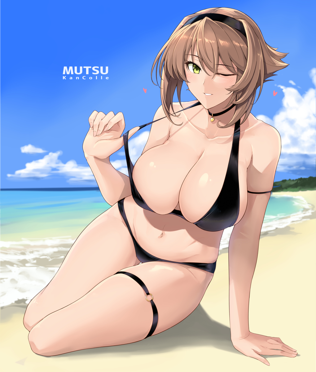 1girls arm_support armband beach bikini bra_lift breasts cleavage female green_eyes hairband halcon harukon_(halcon) heart huge_breasts kantai_collection looking_at_viewer lying mutsu_(kantai_collection) navel necklace outdoors pinup short_hair smile solo solo_focus thigh_strap wink