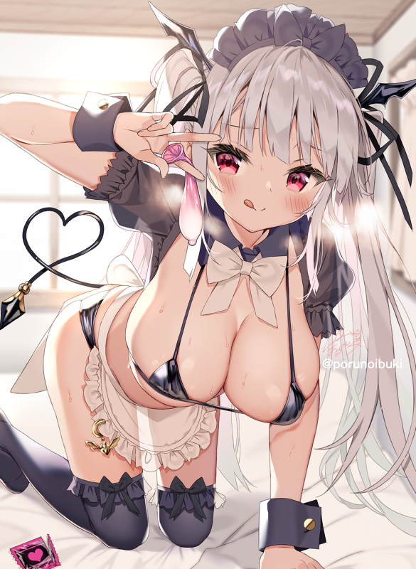 1girls :q all_fours apron bangs bikini black_bikini black_legwear breasts character_request cleavage condom female female_only grey_hair hair_ribbon harunoibuki indoors large_breasts light-skinned_female light_skin maid maid_apron maid_headdress micro_bikini on_bed opened_condom_wrapper purple_eyes ribbon shrug_(clothing) sidelocks solo swimsuit tail thighhighs tongue tongue_out twintails used_condom wrist_cuffs