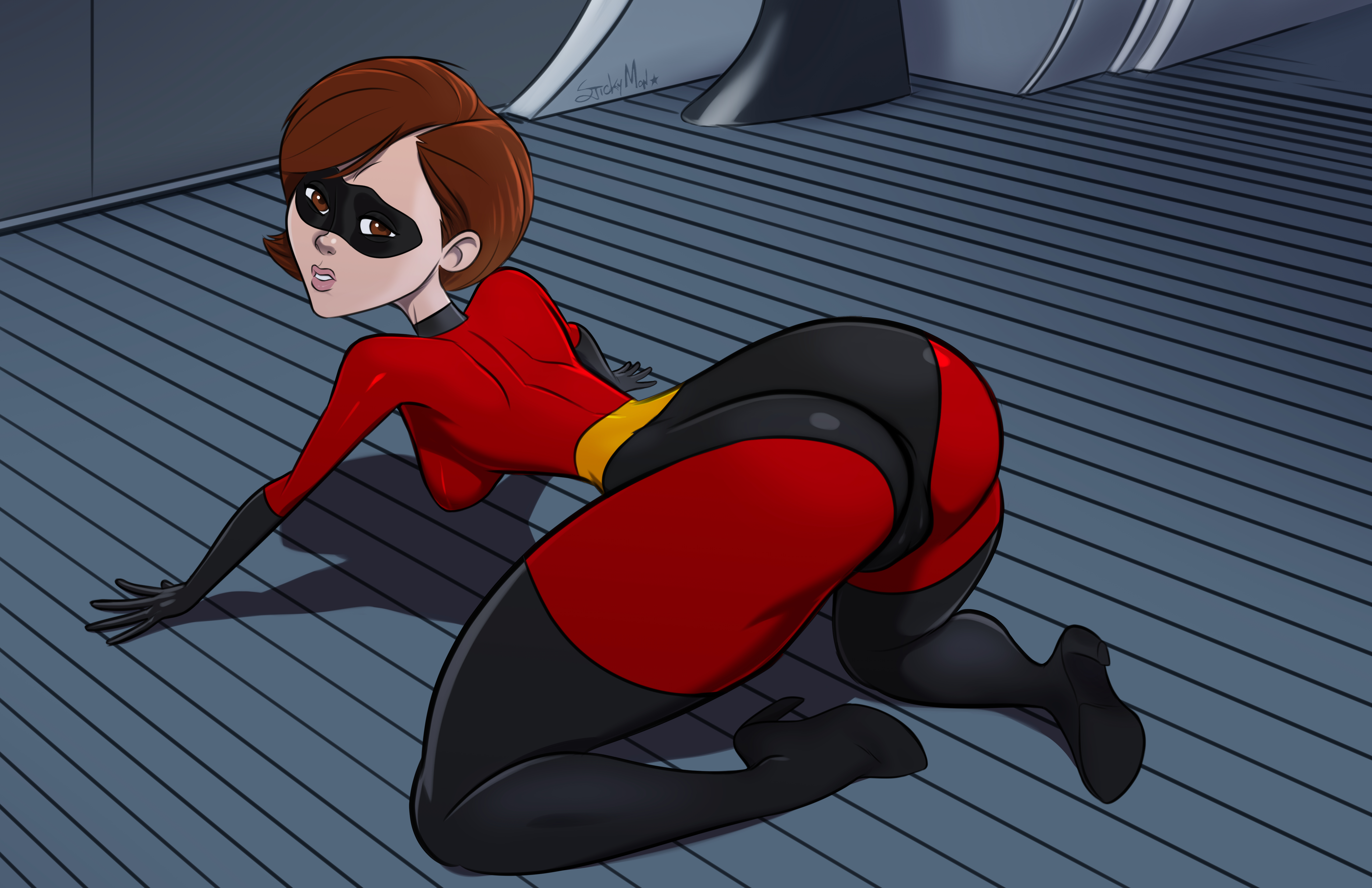 all fours, ass, big ass, brown eyes, brown hair, disney, elastigirl, female, female focus, female only, helen parr, looking at viewer, looking back, pixar, short hair, smooth skin, stickymon, the incredibles