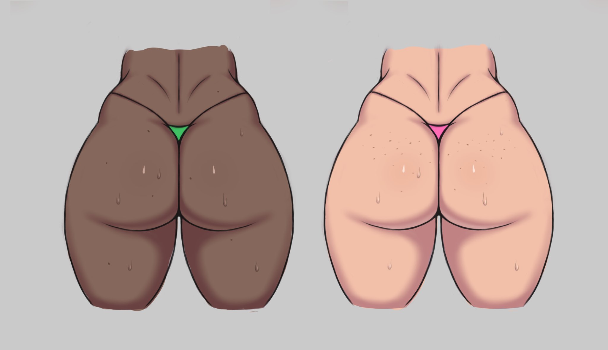 2girls, ass, big ass, citrus doodles, dark skin, dark-skinned female, female, female only, grey background, light skin, light-skinned female, original, pale skin, pale-skinned female, splatoon, sweat, thick thighs, thighs, thong