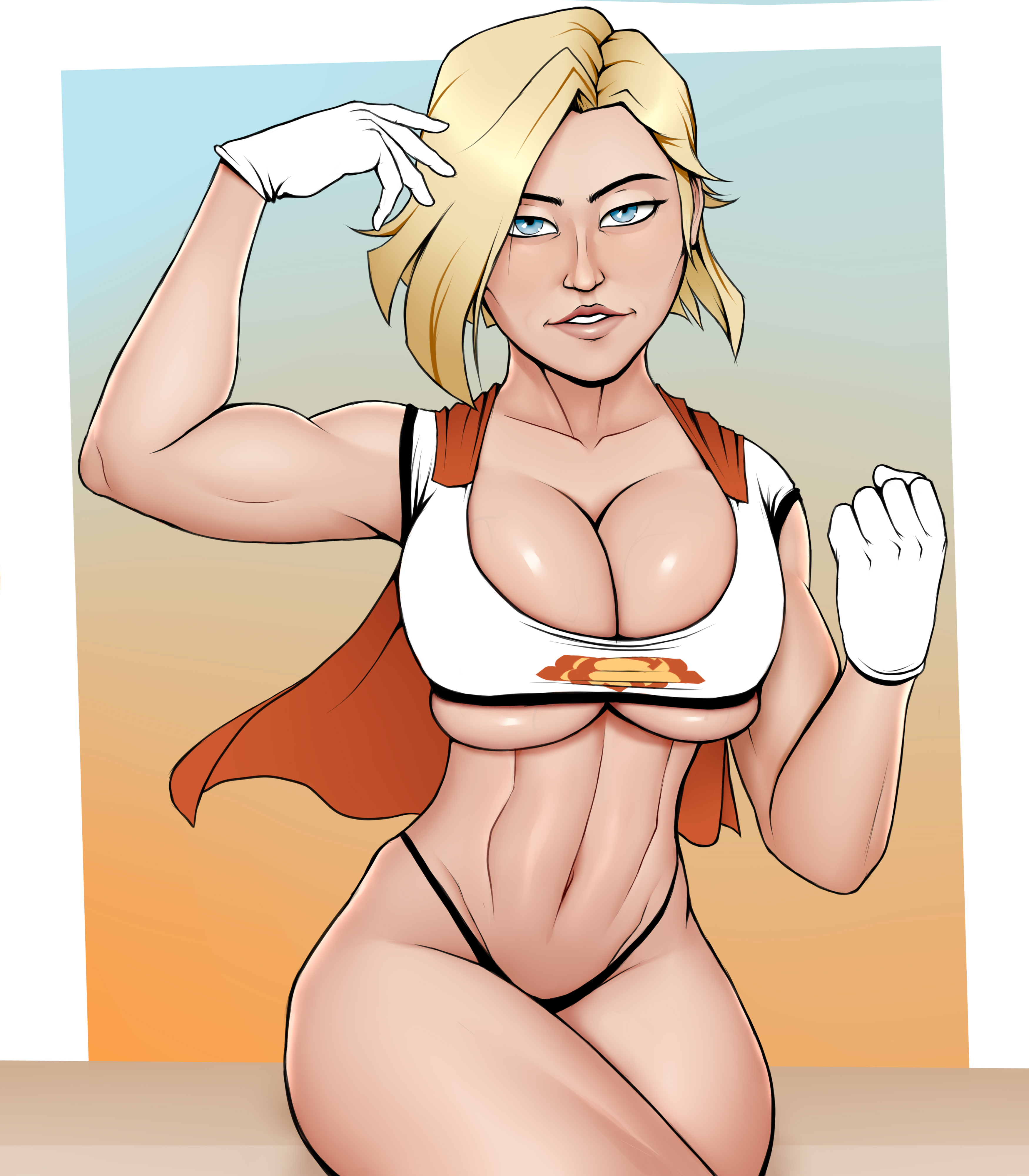 1girls, abs, biceps, blonde hair, blue eyes, breasts, cleavage, cosplay, dc, dc comics, emberstock, female, female only, kara zor-el, kara zor-l, karen starr, large breasts, muscular, muscular female, muscular thighs, overflowing breasts, shiny skin, short hair, skindentation, solo, supergirl, supergirl (cosplay), superheroine, superman (series), thick thighs, thong, tight clothing, wide hips