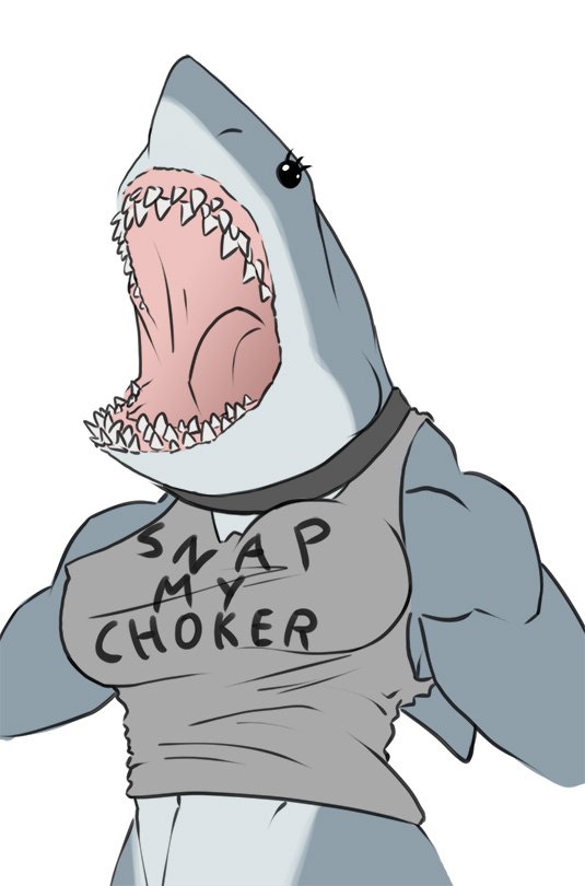 anthro breasts clothed clothing fangs female fish grey_body marine meme multicolored_body muscular muscular_anthro muscular_female nightmare_fuel nipple_outline non-mammal_breasts open_mouth partially_clothed saruuk shark shark_girl shirt simple_background snap_my_choker solo text text_on_clothing text_on_shirt text_on_topwear tongue topwear two_tone_body what white_background