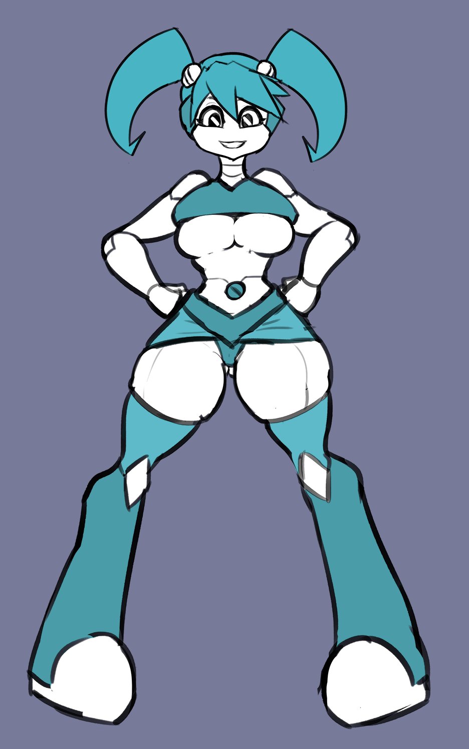 1girls, big breasts, breasts, cameltoe, female, female only, female protagonist, hands on hips, hourglass figure, jenny wakeman, looking at viewer, my life as a teenage robot, panties, pussy, robot, robot girl, simple background, skirt, smile, smiling, smiling at viewer, smooth skin, standing, teal hair, thick thighs, thighhighs, thighs, twintails, underboob, underwear, upskirt, white skin, wide hips, xelsword, xj-9