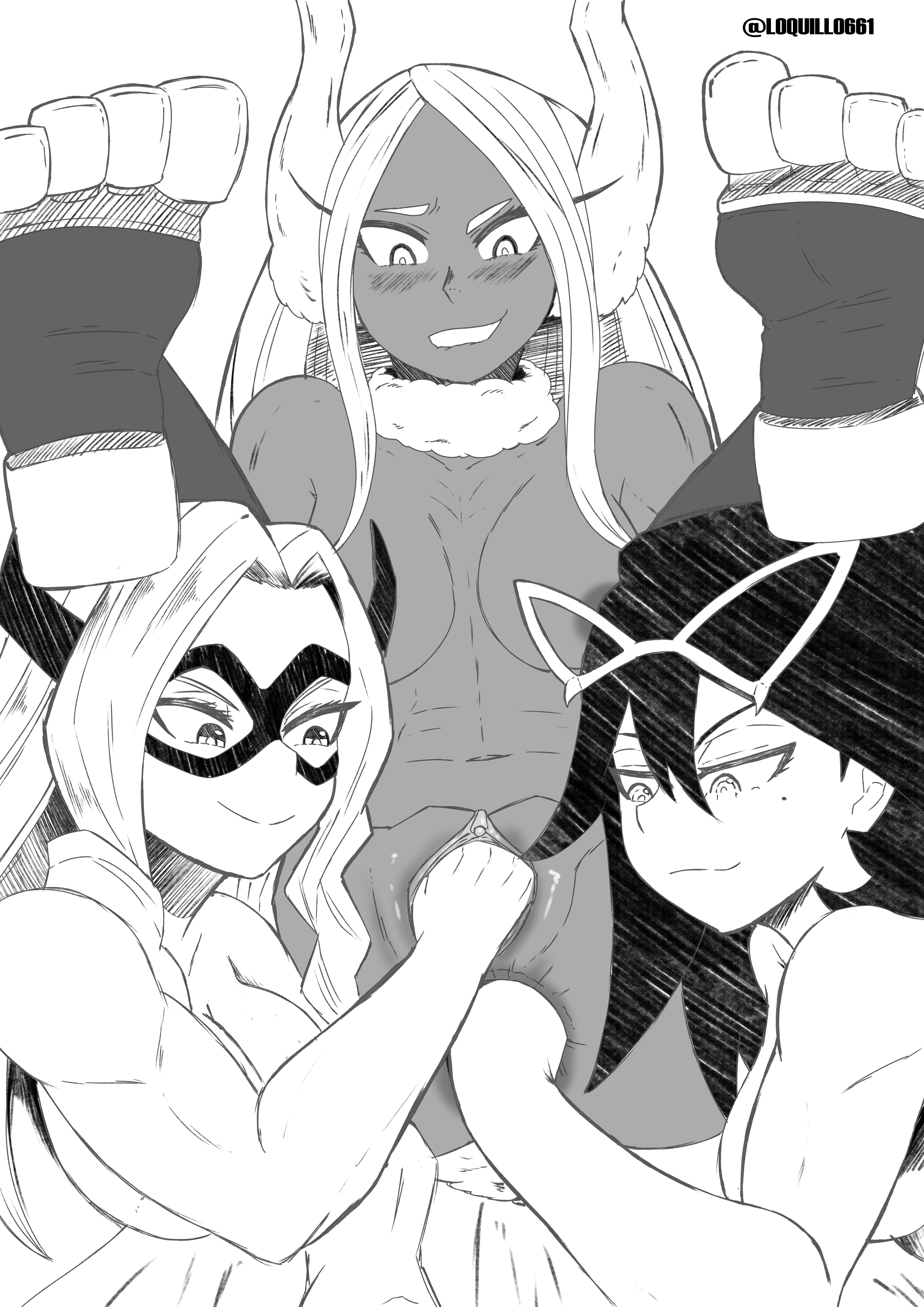 3girls, anal insertion, anal sex, animal ears, biting lip, black hair, blush, brown skin, bunny ears, dark skin, dark-skinned female, female, fisting, long hair, looking at partner, looking down, loquillo, mask, midnight (my hero academia), miruko, mount lady, multiple females, multiple girls, muscular, muscular female, my hero academia, nemuri kayama, pussy, rumi usagiyama, vaginal insertion, vaginal penetration, white hair, yuri, yuu takeyama