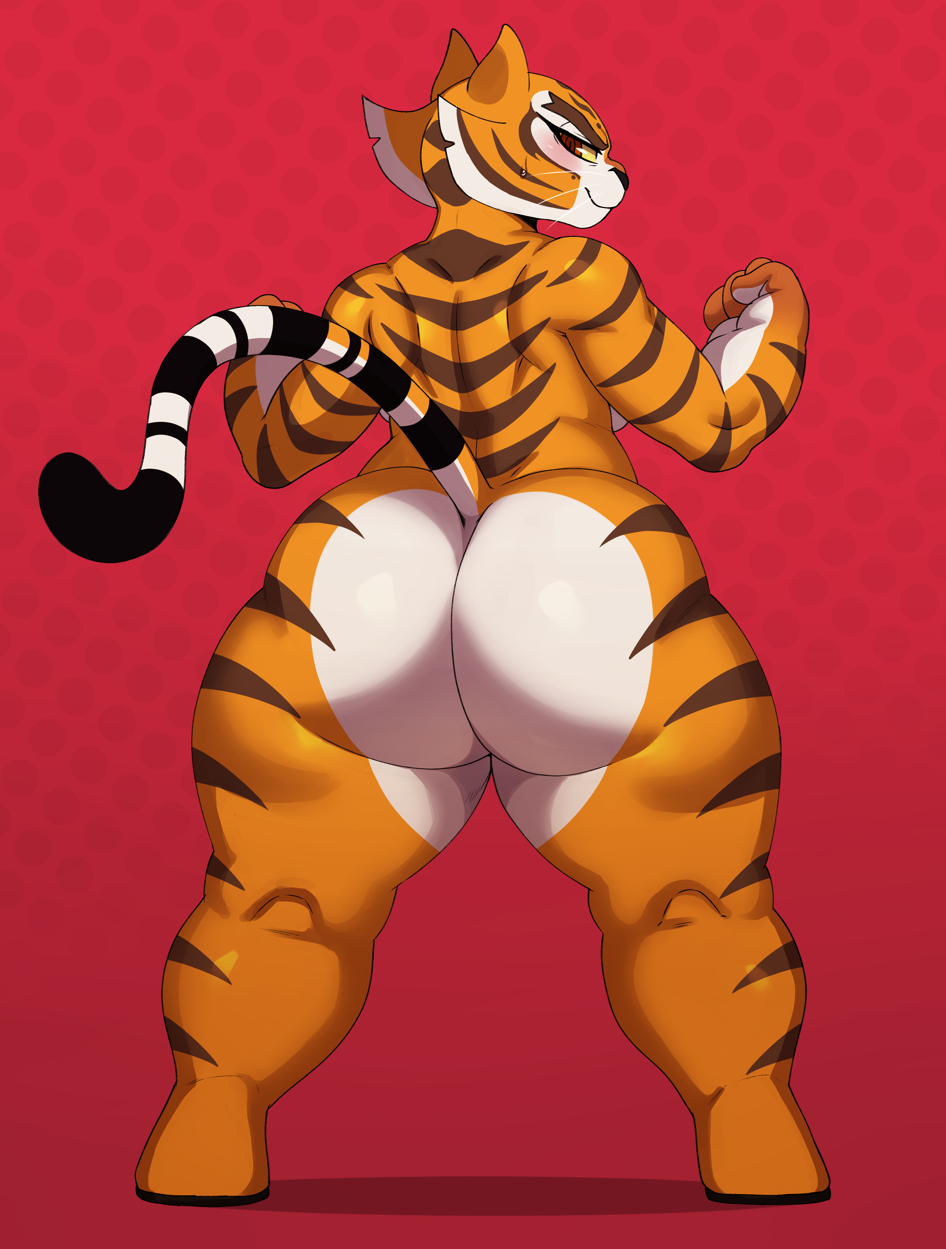 1girls, anthro, ass, ass crack, big ass, blush, butt crack, female, female only, kung fu panda, looking at viewer, looking back, master tigress, smiling, sssonic2, thick ass, thick thighs, tiger