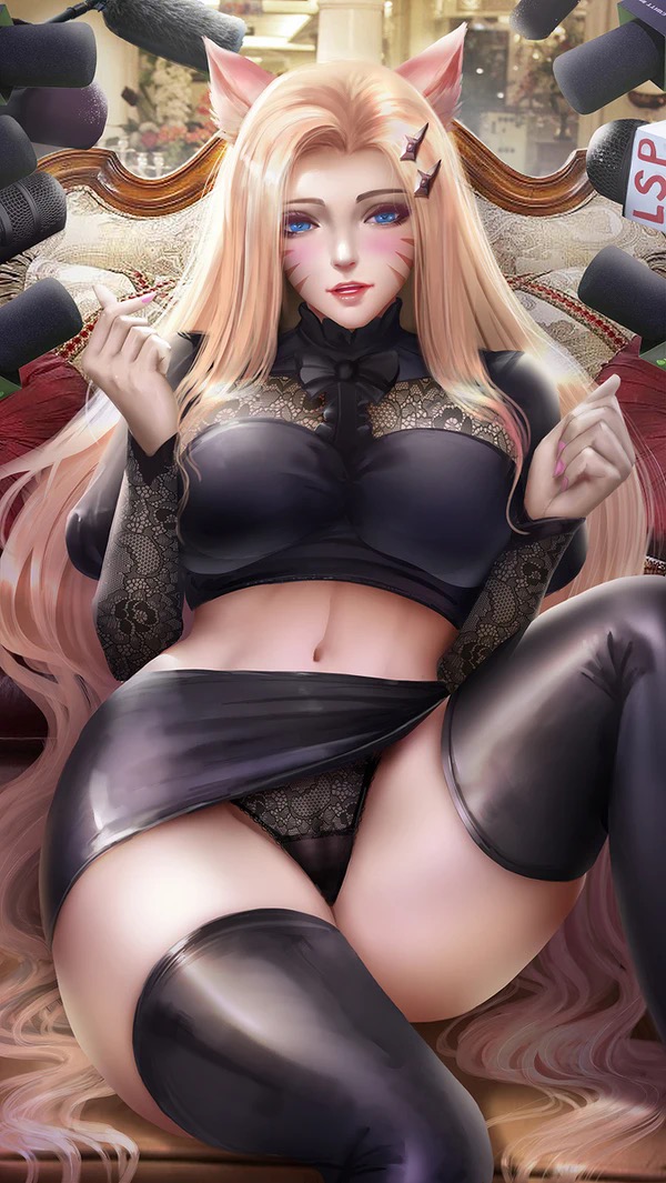 1girls, ahri, animal ears, black legwear, black panties, blonde hair, blue eyes, blush, female, fox ears, k/da ahri, k/da all out ahri, k/da all out series, k/da series, kpop, lace-trimmed panties, league of legends, light skin, light-skinned female, looking at viewer, microphone, midriff, miniskirt, panties, parted lips, riot games, the baddest ahri, thighhighs, upskirt, windwalker (kaze no gyouja)