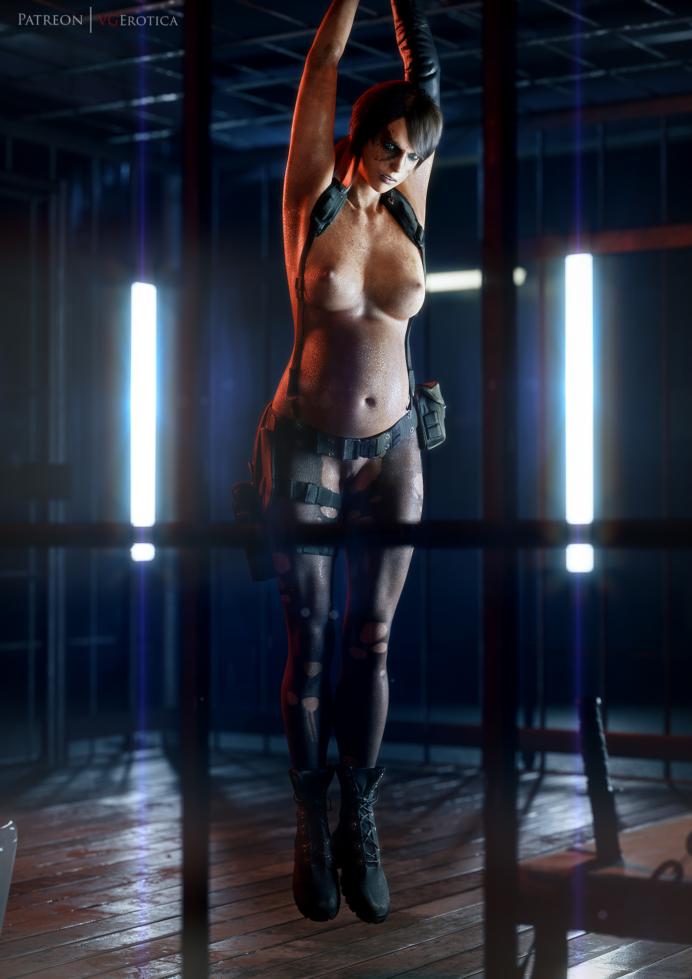 1girls, 3d, areolae, autodesk maya, bondage, female, female only, femsub, looking at viewer, metal gear solid, metal gear solid v, nipples, pregnant, pussy, quiet (metal gear), restrained, solo, vgerotica