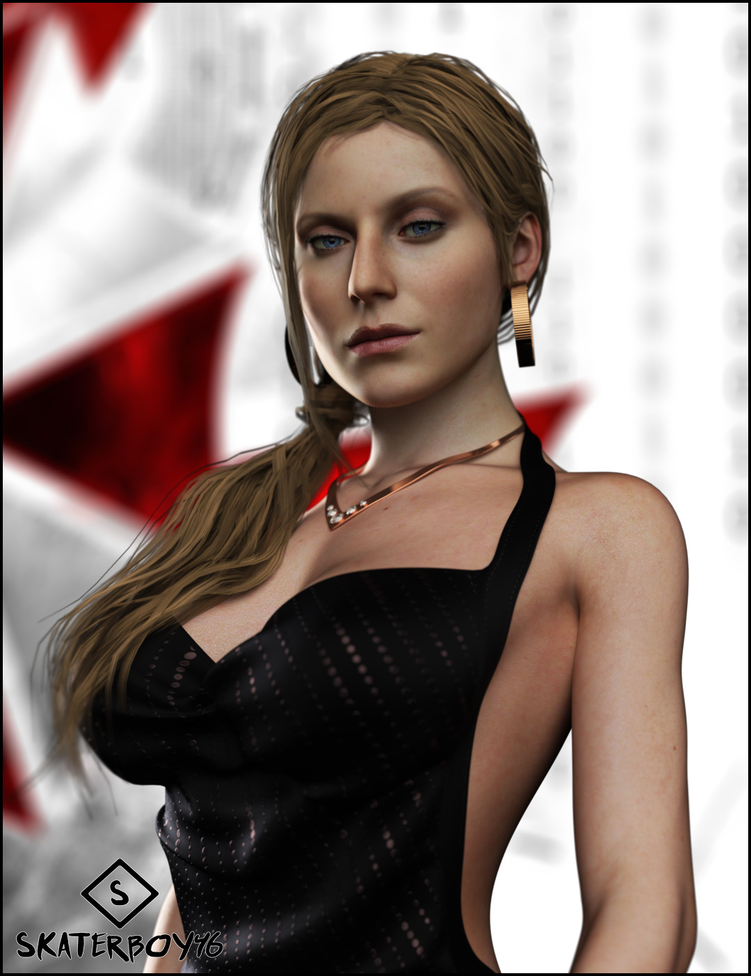 1girls, 2020, 3d, 3d (artwork), annette birkin, artist name, blonde hair, blue eyes, capcom, caucasian, caucasian female, cleavage, clothed, clothed female, clothes, clothing, dress, earrings, female, female only, fully clothed, human, human only, long hair, looking at viewer, mature, mature female, questionable, realistic breast size, resident evil, resident evil 2, resident evil 2 remake, skaterboy46, solo, solo female, upper body