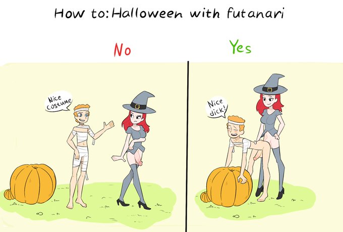 1boy, 1futa, ambiguous penetration, comic, english text, exposed penis, femboy, funny, futa on male, futanari, half-dressed, halloween, halloween costume, intersex, male, orange hair, penis, red hair, red7cat, simple background, text, witch, witch costume, witch hat