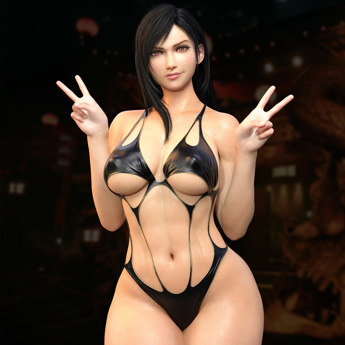 1girls, 3d, black hair, female, female focus, female only, final fantasy, final fantasy vii, final fantasy vii remake, long hair, nordfantasy, peace sign, sling bikini, solo, square enix, tagme, tifa lockhart
