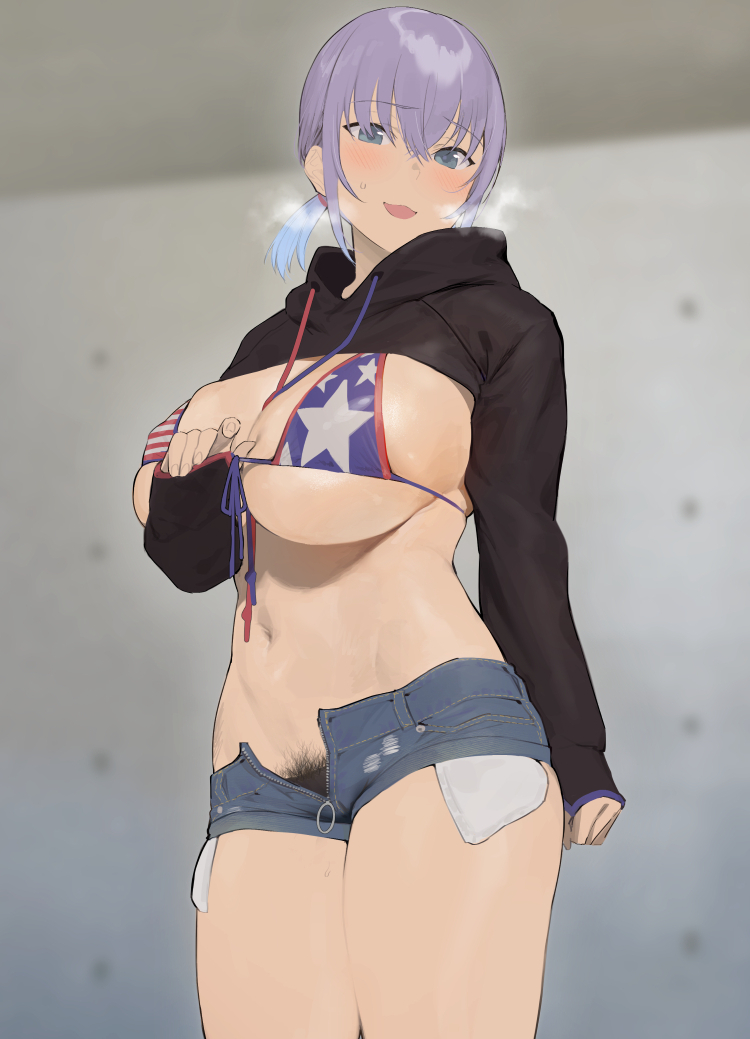 big breasts, black pubic hair, blue eyes, blush, breasts, female, female only, hoodie, iku (ikuchan kaoru), ikuchan kaoru (character), indie virtual youtuber, large breasts, legs together, looking at viewer, open shorts, pubic hair peek, purple hair, short ponytail, shorts, side-tie bikini, solo, solo female, steamy breath, thick thighs, virtual youtuber