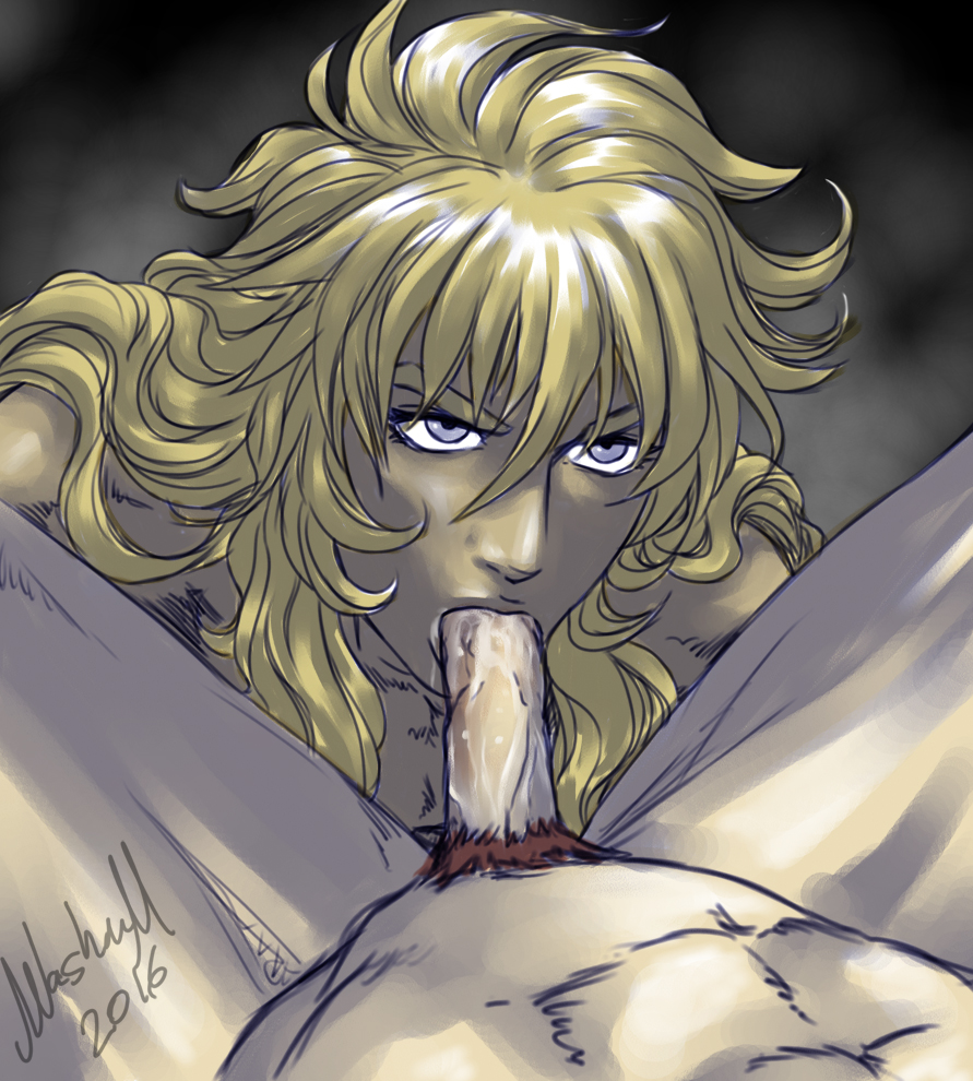 aquarius_camus bishonen blowjob eye_contact gay long_hair long_hair_male male_only penis pubic_hair saint_seiya scorpio_milo washum yaoi