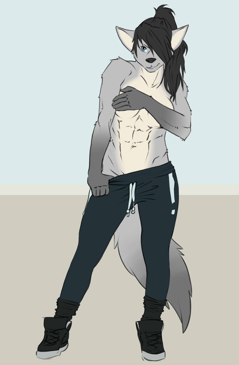 anthro black_hair blue_eyes breasts canid canine canis clothed clothing covering covering_breasts female fluffy fluffy_tail fur grey_body grey_fur hair hi_res mammal multicolored_body multicolored_fur muscular muscular_anthro muscular_female open_mouth open_smile partially_clothed ponytail saruuk simple_background smile solo teeth wolf