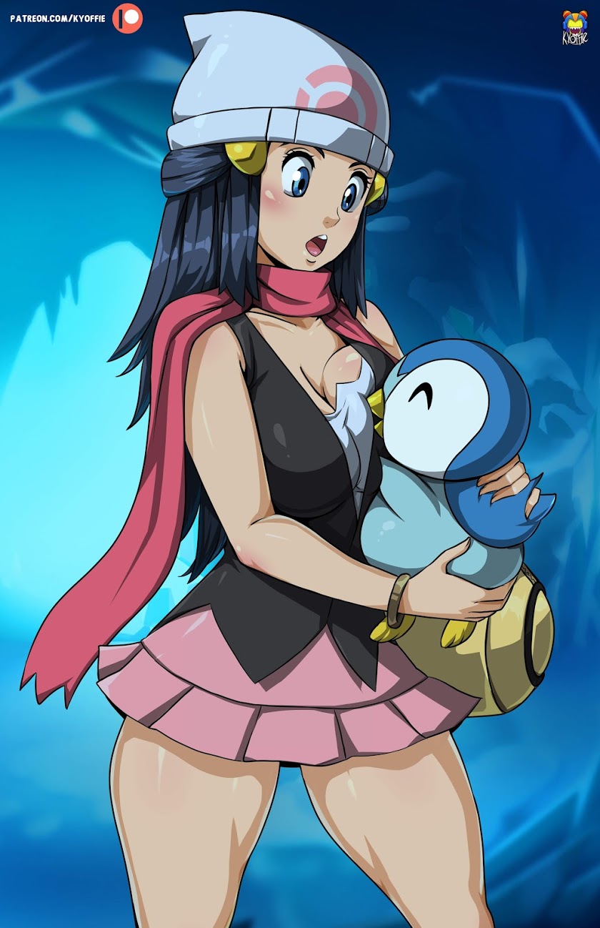 breast sucking, breasts, clothing, dawn (pokemon), female, kyoffie, nintendo, piplup, pokemon, pokemon (species), pokephilia