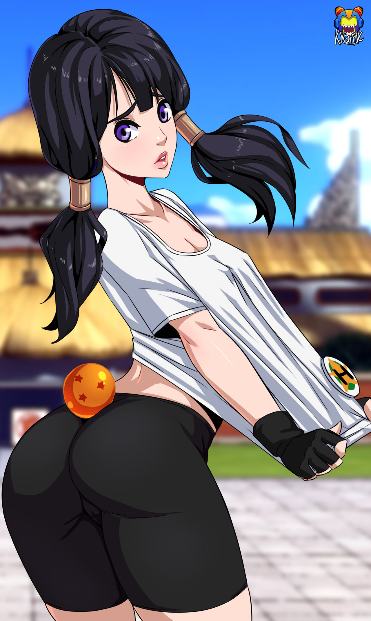bike shorts, cameltoe, dragon ball, dragon ball (object), erect nipples under clothes, female, kyoffie, pussy, tagme, twintails, videl