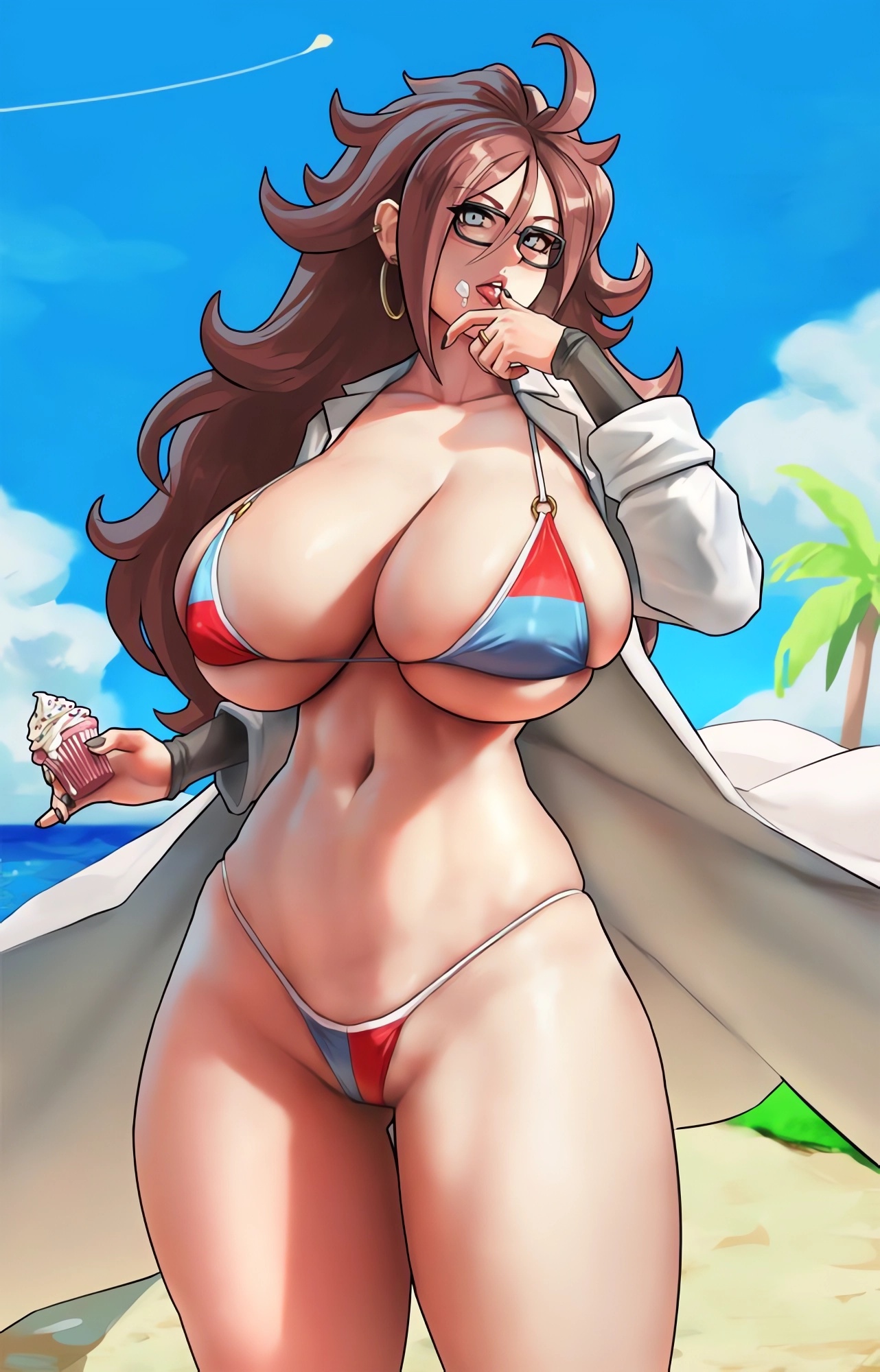 1girls, android 21, android 21 (human), beach, bikini, blue eyes, breasts, dragon ball, dragon ball fighterz, eu03, female, footwear, glasses, hips, ice cream, large breasts, light skin, light-skinned female, long hair, outdoors, red hair, skindentation, solo, thick thighs, thighs, thighs together, vomi (dragon ball), wide hips