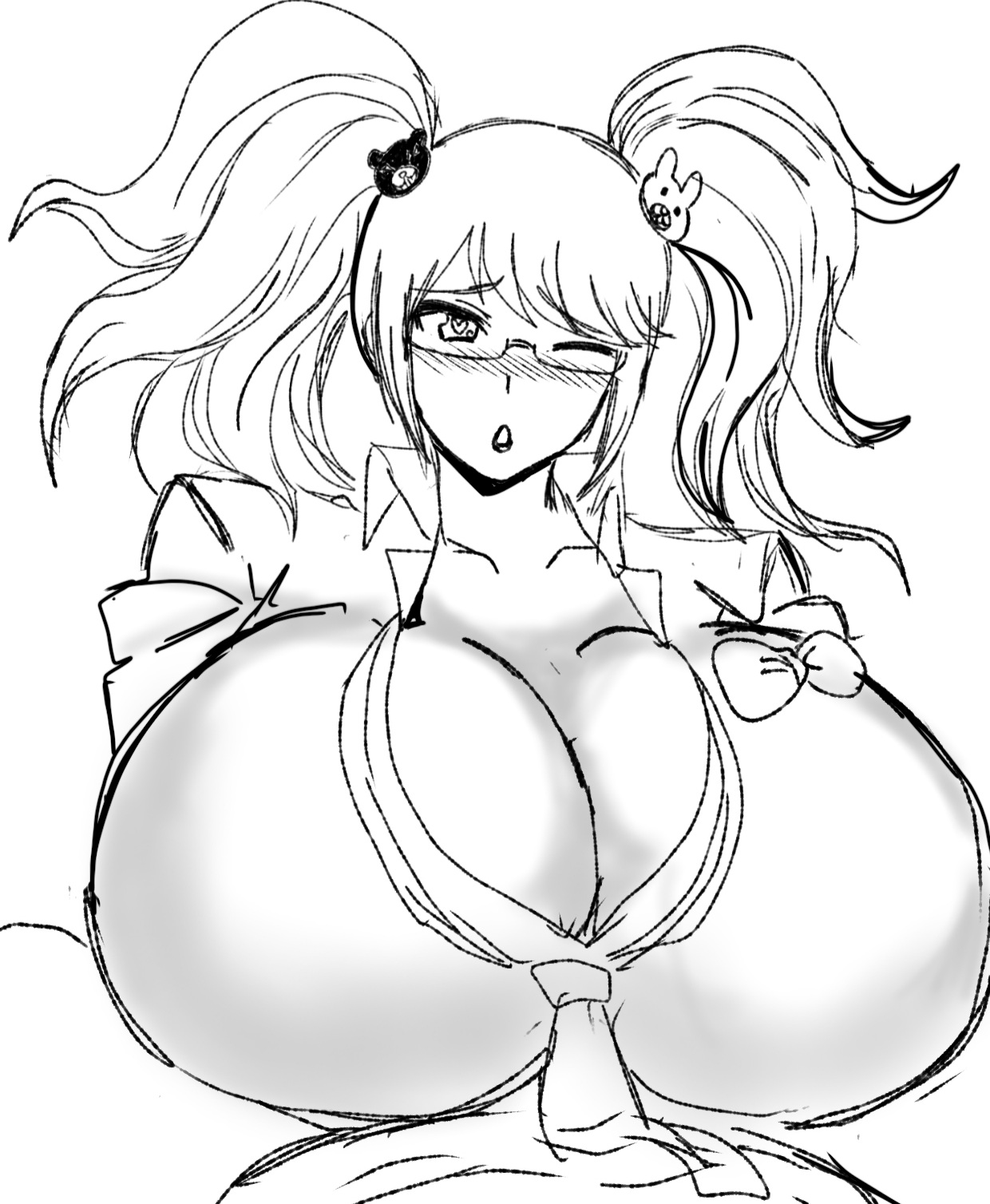 1girls, alternate breast size, artist request, big breasts, blush, breasts, breasts bigger than head, danganronpa, female, female only, gigantic breasts, glasses, huge breasts, junko enoshima, large breasts, pixiv, smooth skin, solo