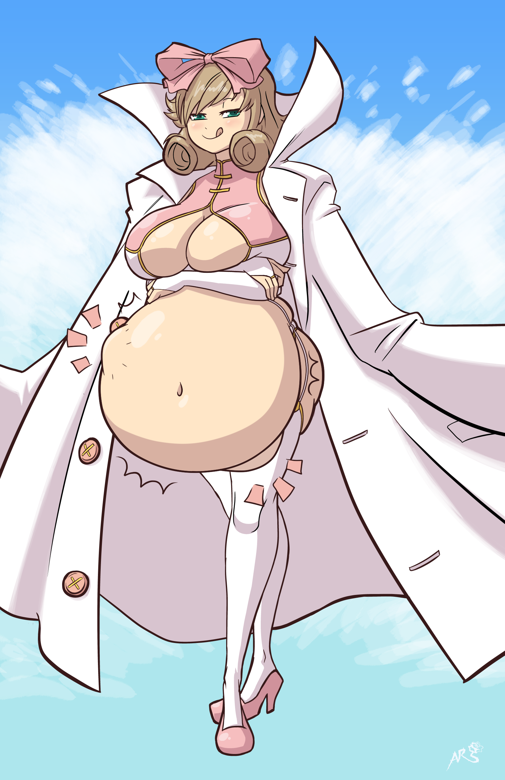 axel-rosered, big belly, big breasts, blonde hair, breasts, cleavage, cleavage cutout, crossed arms, female, green eyes, hairbow, haruka (senran kagura), large breasts, legwear, licking lips, looking at viewer, ribbon, senran kagura, senran kagura (series), sky background, smiling, tagme, thick thighs, vore