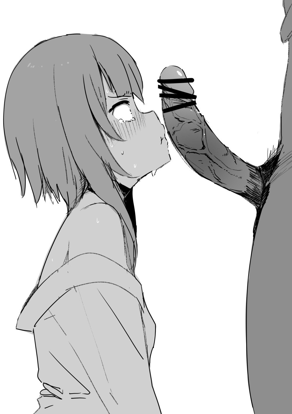 1boy bar_censor bare_shoulders blush censored choker commentary_request erection female greyscale h2o_(ddks2923) highres kono_subarashii_sekai_ni_shukufuku_wo! male_pubic_hair megumin monochrome penis_awe pubic_hair short_hair simple_background tears veiny_penis white_background