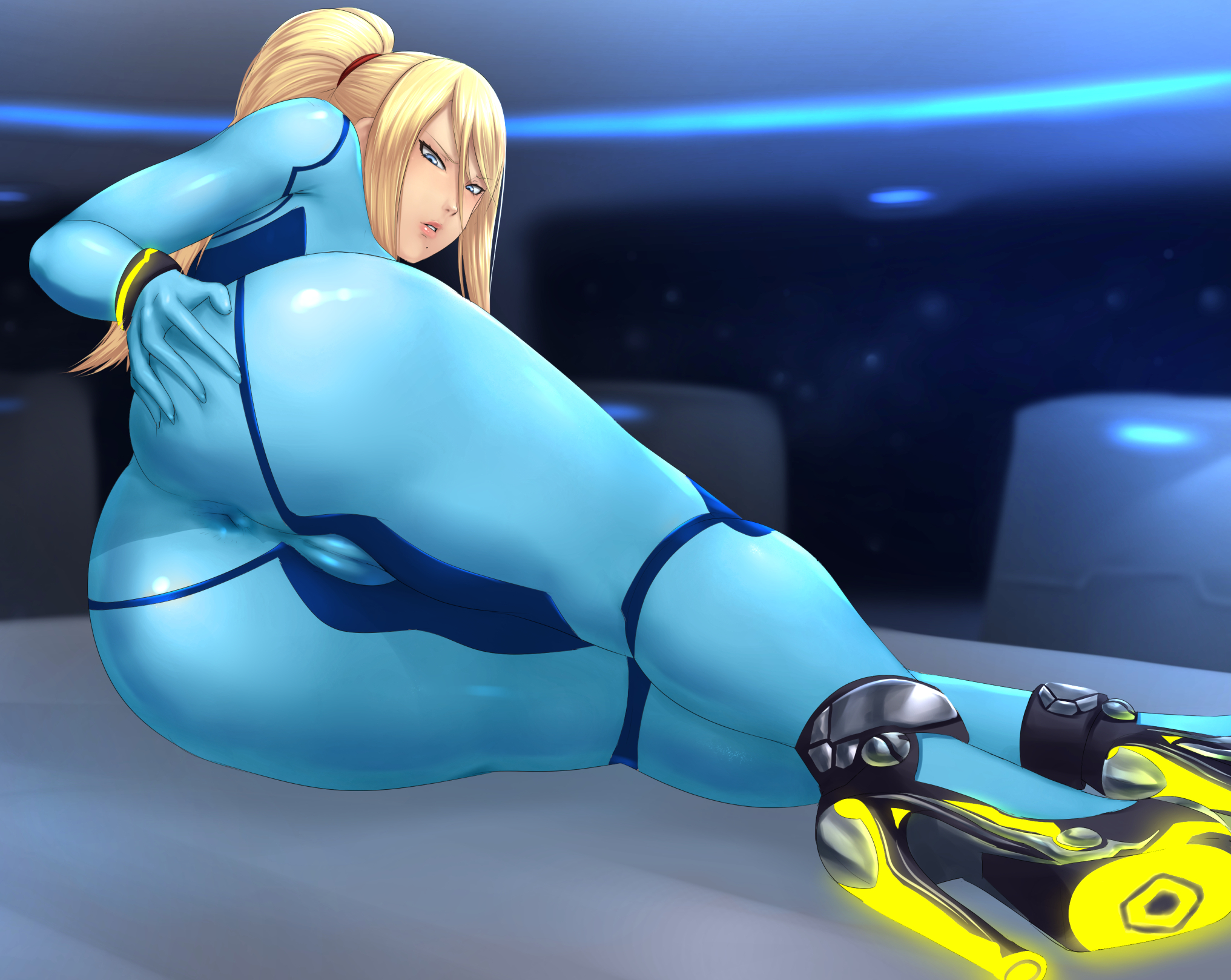 1girls, alternate version available, anus, ass, big ass, bimbo, blonde hair, female, female only, fully clothed, geshtar, high heels, looking at viewer, looking back, metroid, nintendo, pussy, revealing clothes, samus aran, thick thighs, tight clothing, wide hips, zero suit, zero suit samus
