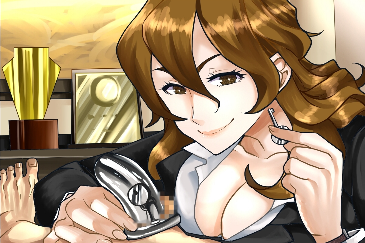 1boy, 1girls, brown eyes, brown hair, cfnm, chastity, chastity cage, chastity device, chastity key, cleavage, clothed female nude male, dominant female, female, female domination, femdom, key, keyholder, male, malesub, orgasm denial, smile