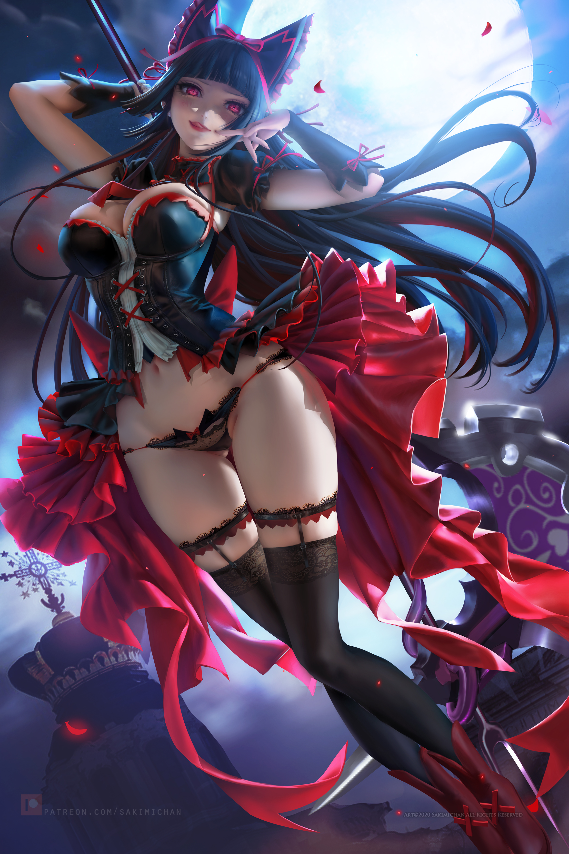 1girls, alternate version available, black hair, black lingerie, black panties, female, female only, gate - jieitai ka no chi nite kaku tatakaeri, holding weapon, looking at viewer, red eyes, rory mercury, sakimichan, stockings, thighhighs, very high resolution, weapon