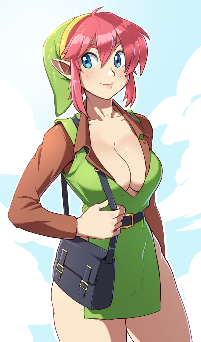 1girl 1girls 2019 a_link_to_the_past adapted_costume bag bare_legs belt big_breasts blue_eyes blue_sky breasts brellom brown_shirt cap_of_the_hero cleavage clothed clothing cloud collarbone commentary contemporary cowboy_shot day dress english_commentary female female_only freckles fully_clothed genderswap genderswap_(mtf) green_dress hair handbag hat hips humanoid humanoid_pointy_ears hylian large_breasts light_smile link link_(shounen_captain) lips looking_aside looking_to_the_side medium_breasts nintendo no_bra outdoors outside pink_hair plunging_neckline pointy_ears purse revealing_clothes rule_63 shirt side_slit sidelocks sky smile solo solo_female standing the_legend_of_zelda the_legend_of_zelda:_a_link_to_the_past thick thick_thighs thighs tunic unbuttoned unbuttoned_shirt video_games wide_hips