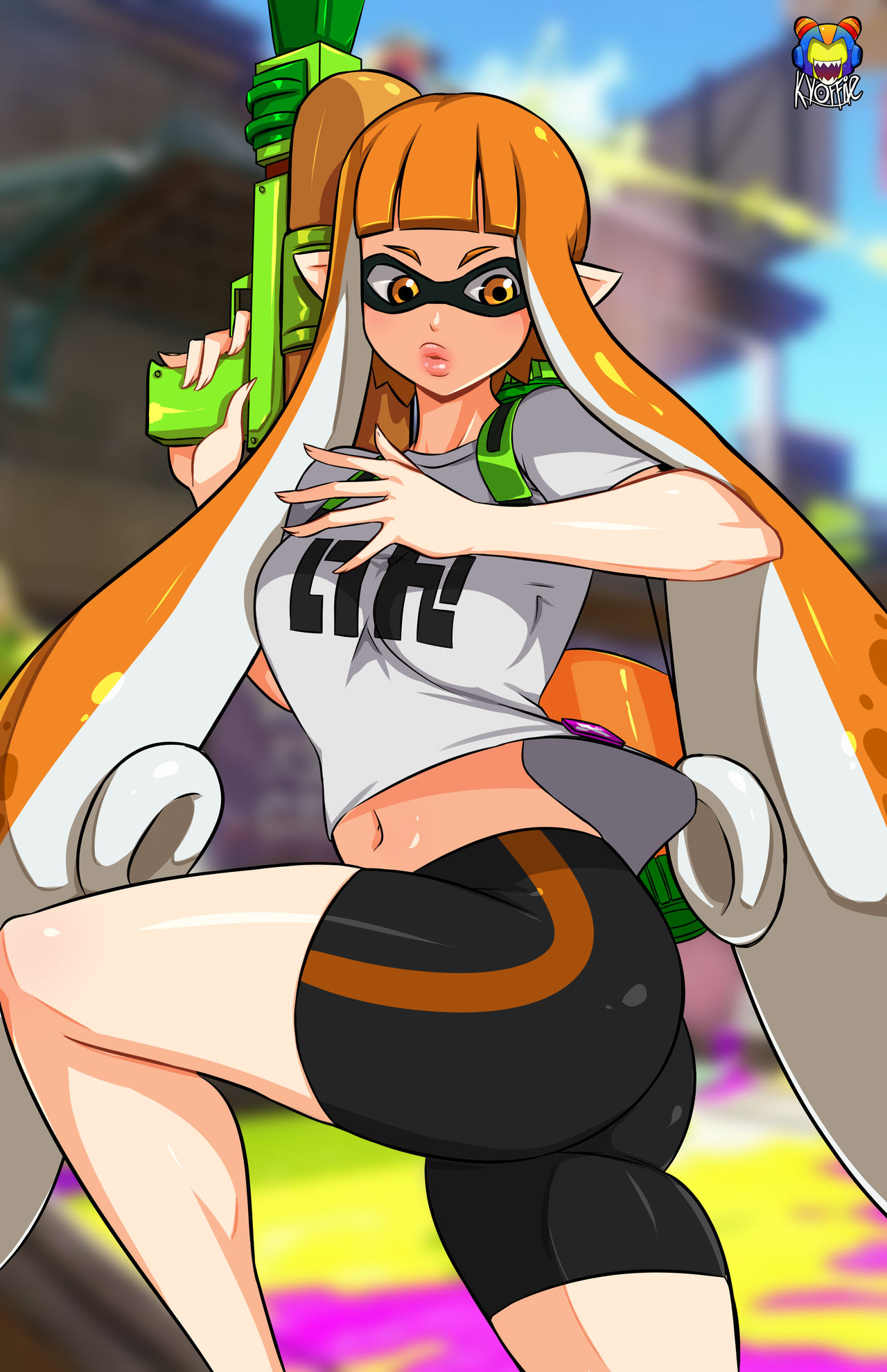 ass, bike shorts, breasts, clothed, clothing, female, inkling, kaori (splatoon), kyoffie, long hair, nintendo, orange eyes, orange hair, shorts, solo, splatoon, squid, tentacle hair, thighs