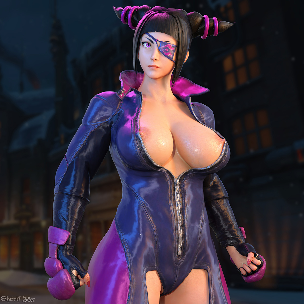 1girls, 3d, black hair, bodysuit, breasts, busty, female, female only, hourglass figure, juri han, light skin, light-skinned female, long hair, nordfantasy, pose, posing, purple eyes, solo, standing, street fighter, street fighter v, tagme, tied hair, wide hips