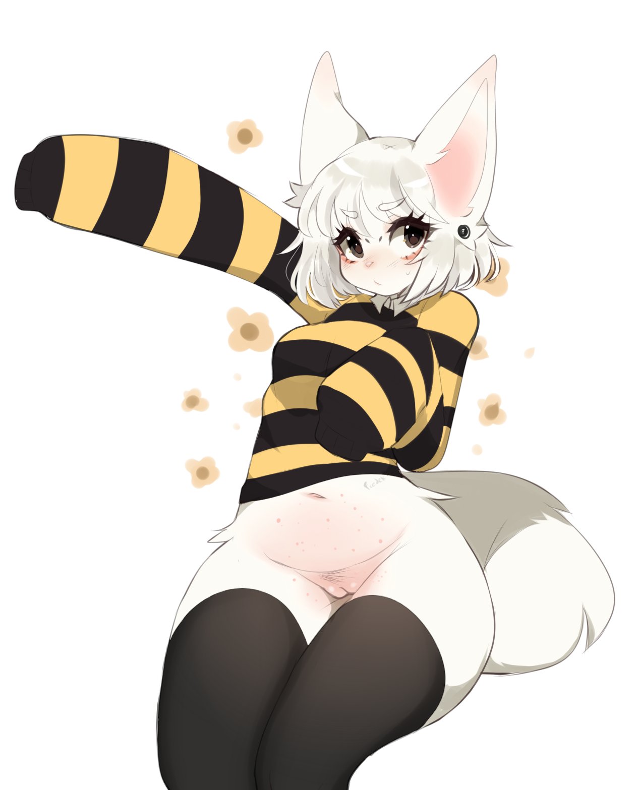 anthro billy_(fredek666) black_thigh_highs blush bottomless clothed clothing countershading digital_media_(artwork) domestic_cat ear_piercing eyelashes felid feline felis female flower fredek666 fur genitals hair hi_res looking_at_viewer mammal navel oversized_sleeves pattern_clothing pattern_sweater pattern_topwear piercing pink_countershading plant pussy raised_arm simple_background solo striped_clothing striped_sweater striped_topwear stripes sweater thighhighs topwear white_background white_body white_fur white_hair