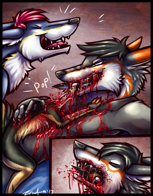 anthro blood bodily_fluids canid canine canis comic comic_page death decapitation female female_prey gore group group_sex hard_gore hard_vore lying male mammal on_back on_front open_mouth sex size_difference size_play standing stihl straight swallowing threesome tongue vore wolf zrcalo